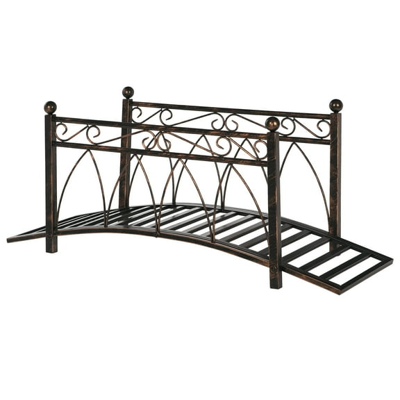 3.3' Metal Arch Zen Garden Bridge with Safety Siderails, Decorative Footbridge, Delicate Scrollwork & Corner Spheres for Stream, Fish Pond, Bronze