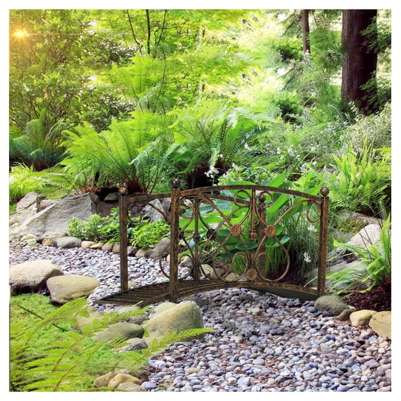3.3' Metal Garden Bridge, Decorative Footbridge with Railings, Rust Brown Outdoor Arch Bridge for Backyard, Pond, Creek Landscape Decor