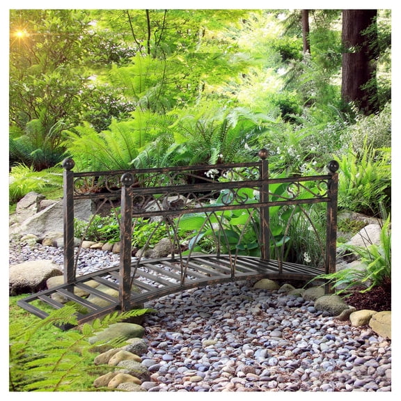 3.3' Metal Garden Bridge with Rails - Decorative Zen Footbridge for Stream, Pond, Landscape - Bronze Finish