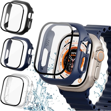 [3+3] Pack for Apple Watch Ultra 49mm Screen Protector Case, 3 Pack Waterproof Face Cover Hard PC Protective Bumper Shell + 3 Pack Tempered Glass Film for iWatch Ultra 49mm Accessories