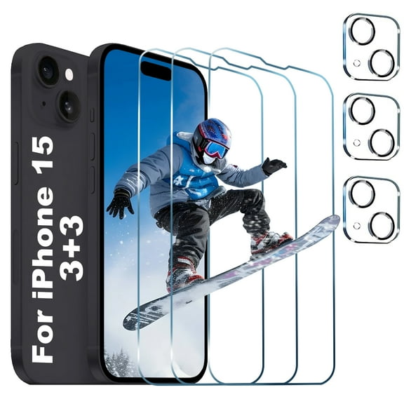 [3+3 Pack]For iphone 15 Screen Protector with Camera Lens Protector,Sensor Protection,Case Friendly Tempered Glass Film[9H Hardness] for iPhone 15