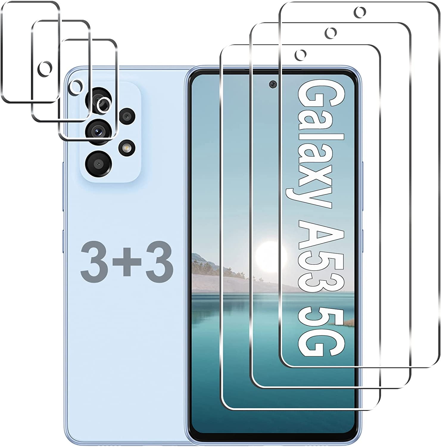 [3+3 Pack] Galaxy A53 5G Screen Protector + Camera Lens Protector, HD