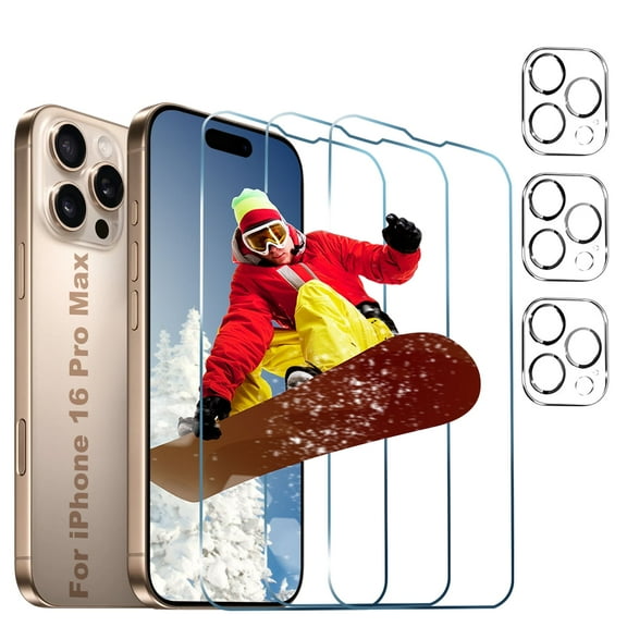 [3+3 Pack]KICOCOC for iPhone 16 Pro Max Screen Protector with Camera Lens Protector,Sensor Protection,Case Friendly Tempered Glass Film[9H Hardness] for iPhone 16 Pro Max