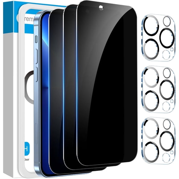 3+3 Pack iPhone 13 Pro Privacy Screen Protector with Camera Lens Protector, Anti Spy Private Full Coverage Bubble Free 9H Hardness Tempered Glass Film 6.1 Inch with Easy Installation Kit