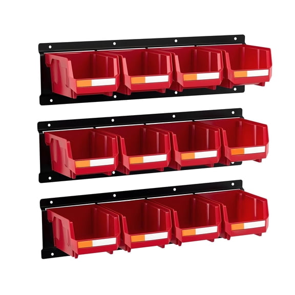 3. 3-Rail Wall Mount Storage System with 12 Red Bins Hanging Plastic Organizer for Hardware, Tools, Crafts - Garage & Workshop