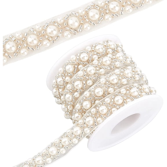 3.3 Yard Faux Pearls Lace Ribbon 0.6" Wide White Beaded Crystal Rhinestone Applique Edge Lace Ribbon for Sewing Wedding Dress Costume Home Decoration DIY