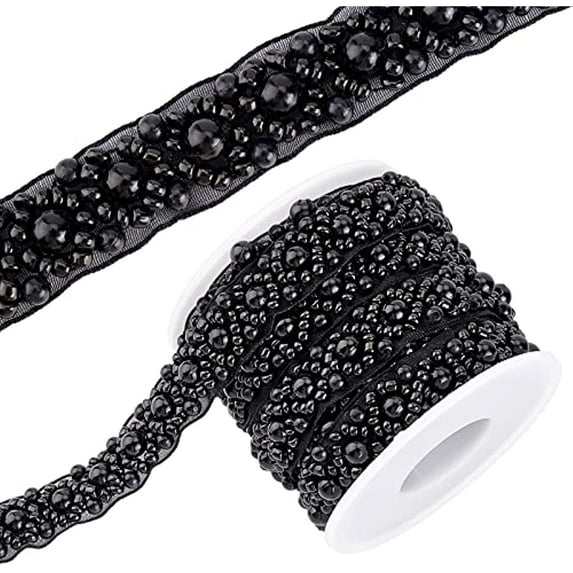 3.3 Yard Faux Pearls Lace Ribbon 0.6inch Wide Black Beaded Crystal Rhinestone Applique Edge Lace Ribbon
