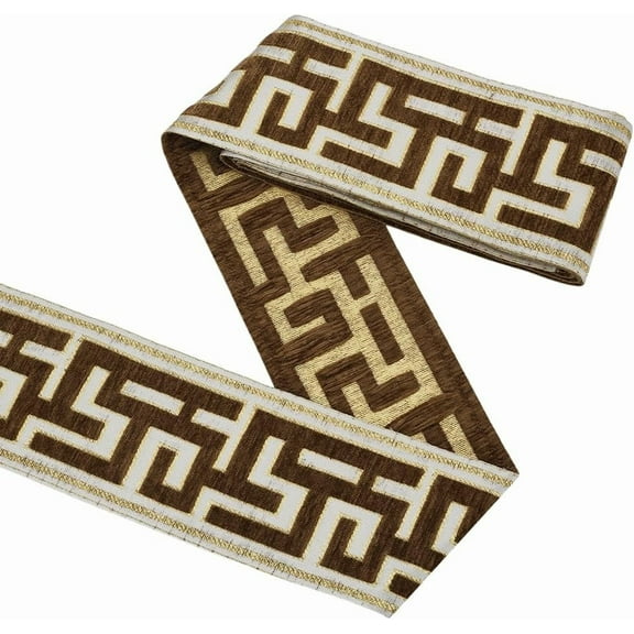 3.3 Yards Embroidered Drapery Trim 3.5inch Wide The Great Wall Grid Curtain Trim Polyester Coconut Brown Chenille Drapery Trims Geometric Jacquard Ribbon for DIY Sewing Crafts Clothing