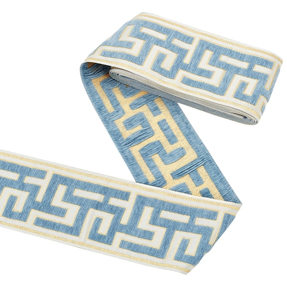 3.3 Yards Embroidered Geometric Drapery Trim 3-1/2" Wide The Great Wall Blue Chenille Drapery Geometric Jacquard Ribbon