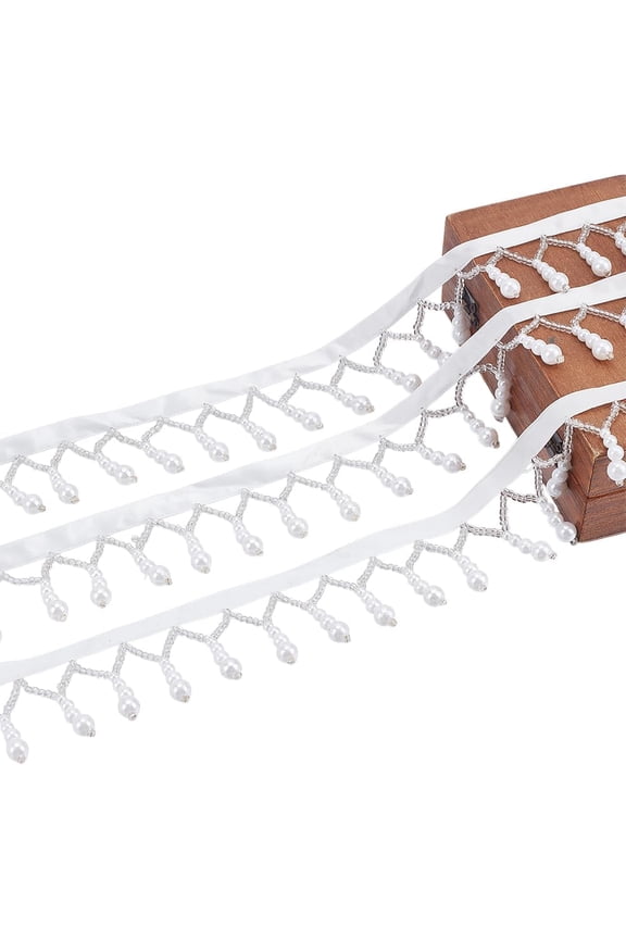 3.3 Yards White Pearl Fringe Tassel Trim 45mm/1.8" Pearl Beaded Pendant Tassel Ribbon Sewing Fringe Trim with Pearls Bead for Garment Hat Curtain Tablecloth Sewing Wedding Bridal Decor