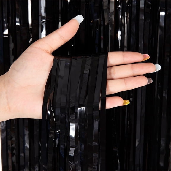 3.3 ft x 9.8 ft Black Metallic Tinsel Foil Fringe Curtain Photo Backdrop Party Streamers for Halloween, Birthday Party, 3 Pack Metallic Tinsel Foil Fringe Curtains Party Decorations Wedding Decor