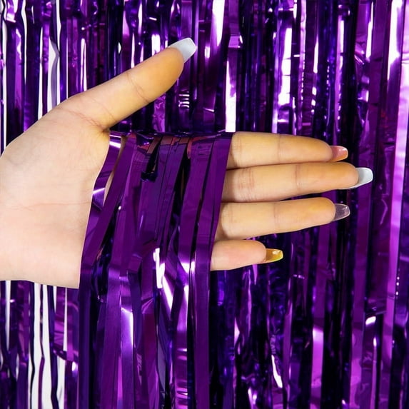 3.3 ft x 9.8 ft Purple Metallic Tinsel Foil Fringe Curtain Photo Backdrop Party Streamers for Halloween, Birthday Party, 3 Pack Metallic Tinsel Foil Fringe Curtains Party Decorations Wedding Decor