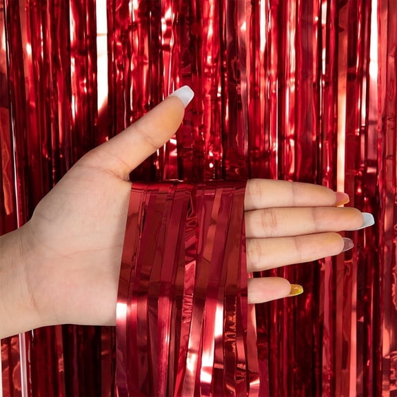 3.3 ft x 9.8 ft Red Metallic Tinsel Foil Fringe Curtain Photo Backdrop Party Streamers for Halloween, Birthday Party, 3 Pack Metallic Tinsel Foil Fringe Curtains Party Decorations Wedding Decor