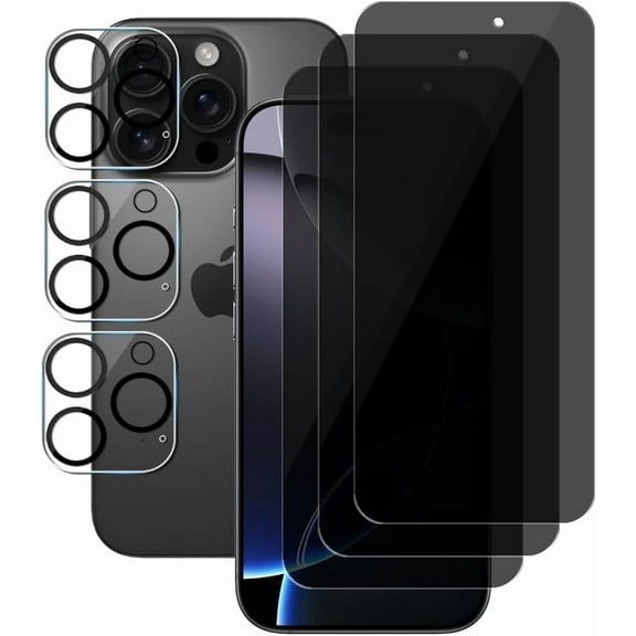 (3+3) For iPhone 16 Pro (6.3 inch) (3 Pack) Anti Spy Private Tempered Glass Film Privacy Screen Protector and (3 Pack) Camera Lens Protector [Not Affect Flash], 9H Hardness, Anti Scratch