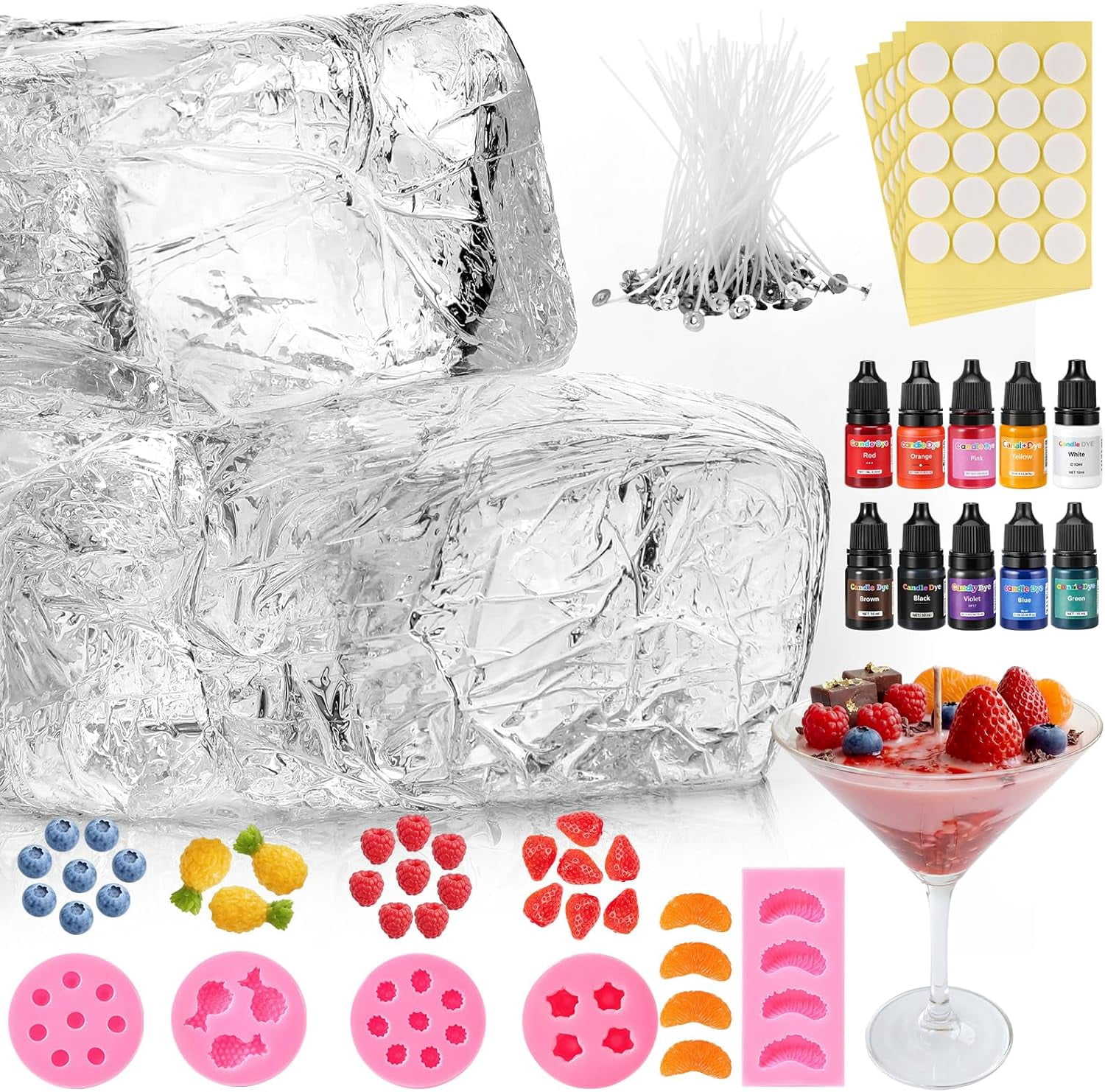 3.3 lb Gel Wax for Candle Making Kit with 5 Fruit Silicone Molds Wick Stickers and Liquid Dye DIY Clear Jelly Make Candles Supplies Party