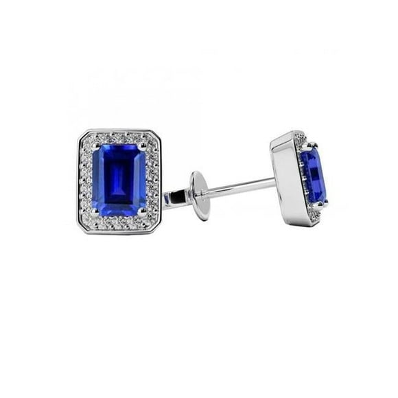 3.30 CT Ceylon Sapphire with Round Diamond Halo Stud Earrings, 14K White Gold