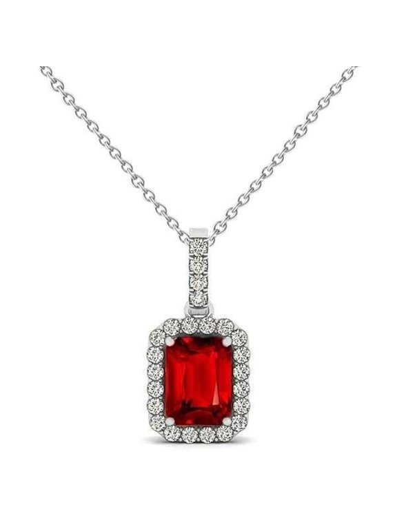 3.30 CT Red Ruby Emerald Cut with Diamond Pendant, 14K Gold