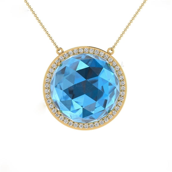 3.30 Carat Brilliant Round Cut Natural Diamond Blue Topaz Gemstone Wonderful Halo Necklace for Ladies Solid 14K Yellow Gold With 18 inches Chain