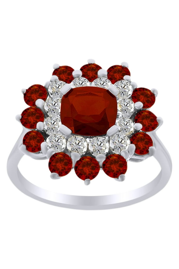 3.30 Ct Cushion & Round White Natural Diamond Engagement Ring in 14k White Gold Over Sterling Silver Ring Size - 13