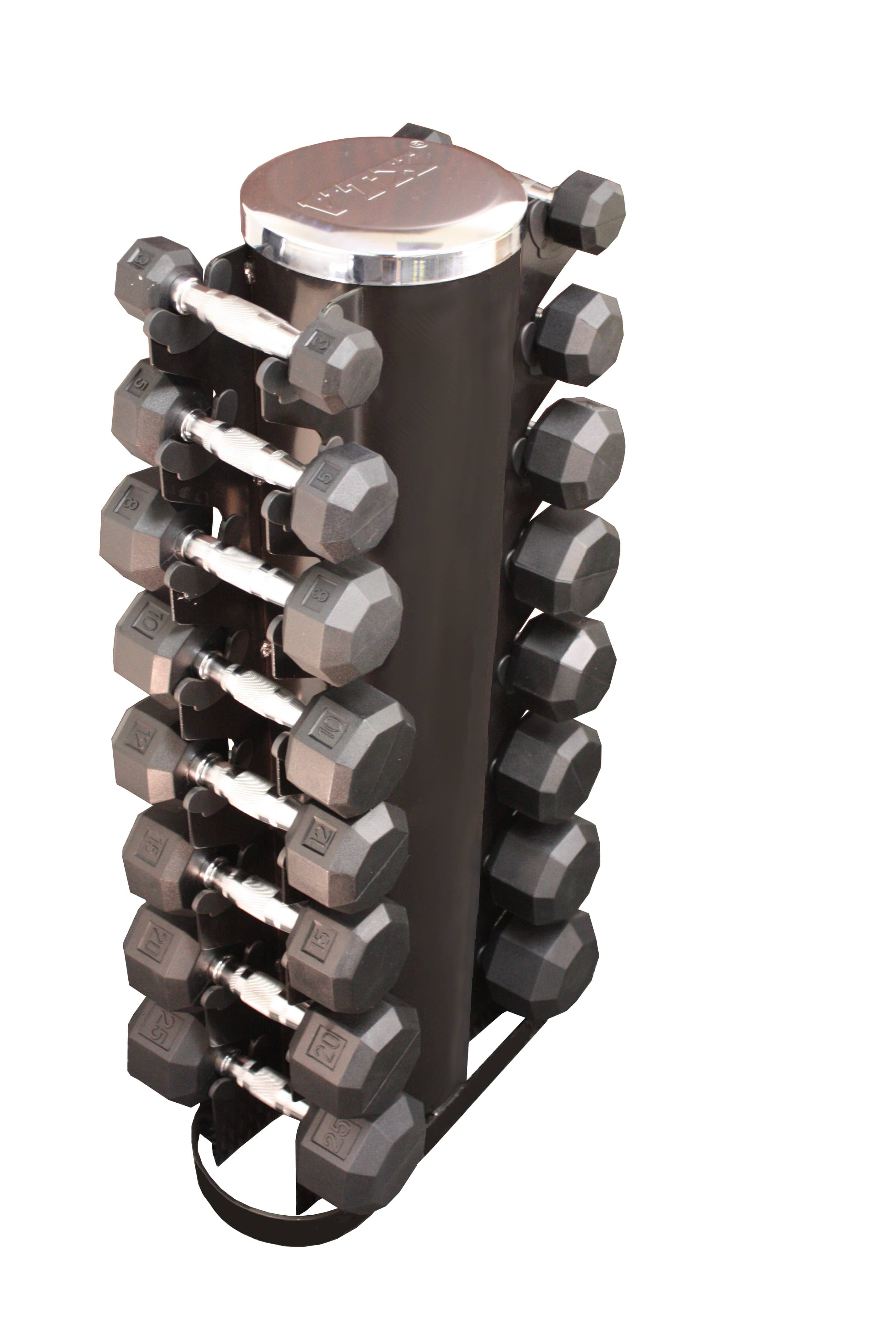 3 30 lb. Pairs Dumbbell Weight Set with Rack Rubber Flat 8 Sided Head w 2 Sided Vert Rack Heavy Duty Construction by VTX Walmart