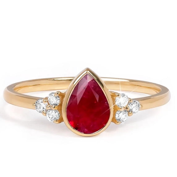 3.30carat Pear Shape Lab-Created Red Ruby & Diamond 12x8mm Women Prong Engagement Wedding Ring 14K Yellow Gold Plated 925, Sterling Silver