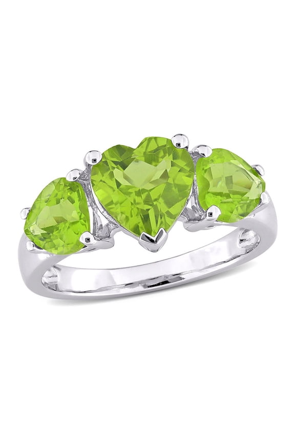 3.35 Carat (Ctw) Lab-Created Three Stone Peridot Heart Ring in Sterling Silver for Women