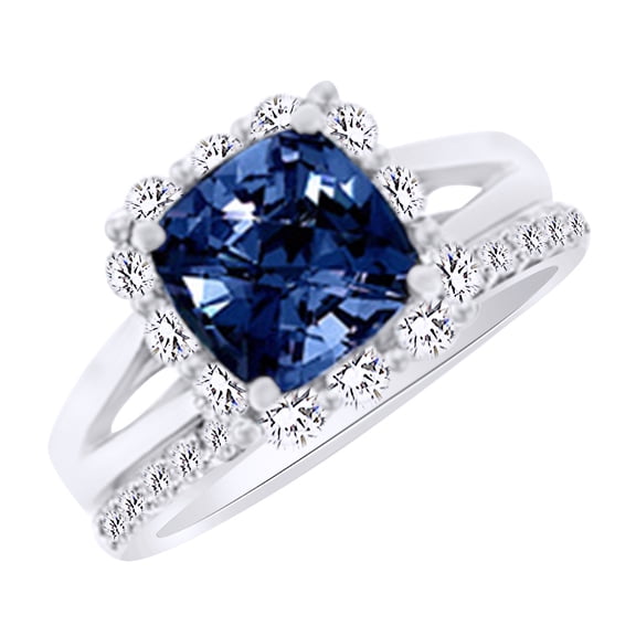 AFFY (3.35ct) Simulated Blue Sapphire & White Diamond Halo Engagement Ring Set In 14k Solid Gold With Ring Size 4
