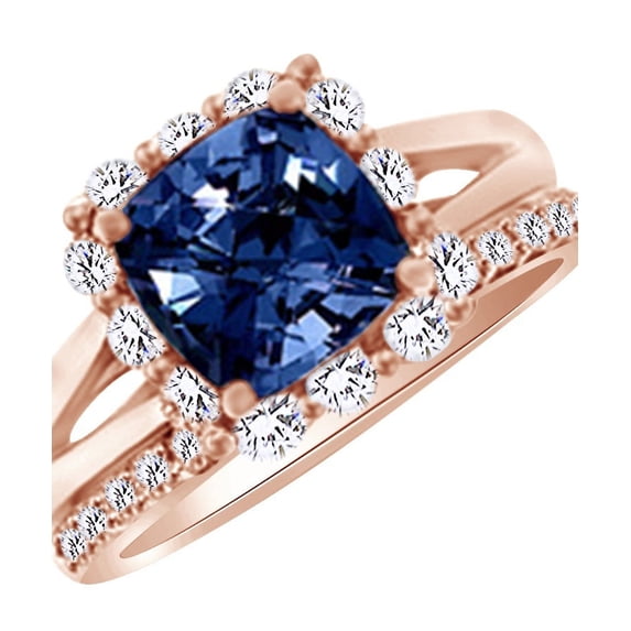 AFFY (3.35ct) Simulated Blue Sapphire & White Diamond Halo Engagement Ring Set In 14k Solid Gold With Ring Size 5.5