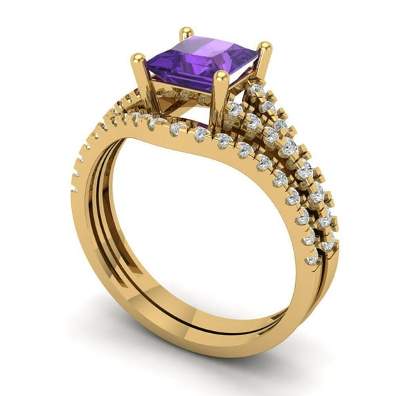 3.36 ct Brilliant Princess Cut Natural Amethyst 18K Yellow Gold Solitaire with Accents Engagement Bridal Wedding Ring Band Set size 4