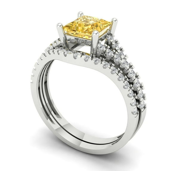 3.36 ct Brilliant Princess Cut Natural Citrine 14k White Gold Solitaire with Accents Engagement Bridal Wedding Ring Band Set size 5.75