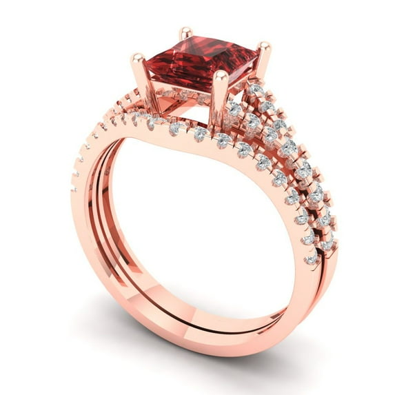 3.36 ct Brilliant Princess Cut Natural Garnet 14k Rose Gold Solitaire with Accents Engagement Bridal Wedding Ring Band Set size 10.5