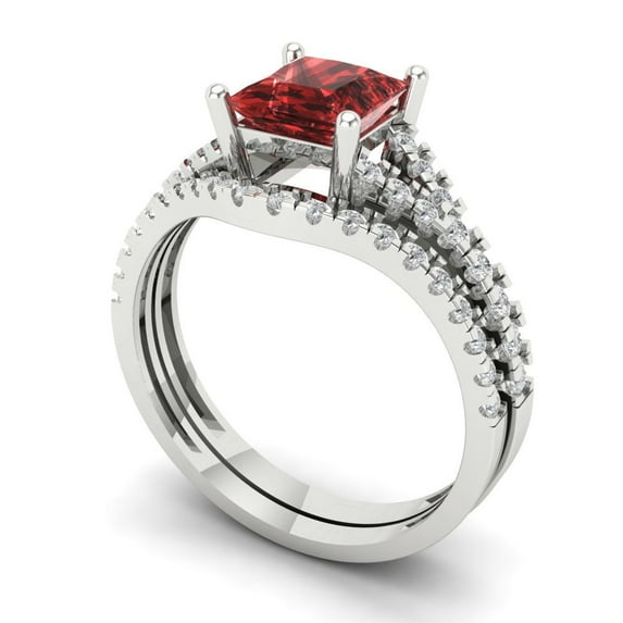 3.36 ct Brilliant Princess Cut Natural Garnet 18K White Gold Solitaire with Accents Engagement Bridal Wedding Ring Band Set size 4.75