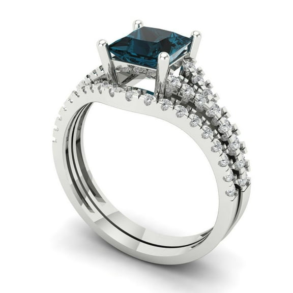 3.36 ct Brilliant Princess Cut Natural London Blue Topaz 18K White Gold Solitaire with Accents Engagement Bridal Wedding Ring Band Set size 3.5