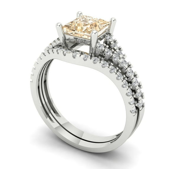 3.36 ct Brilliant Princess Cut Natural Morganite 14k White Gold Solitaire with Accents Engagement Bridal Wedding Ring Band Set size 7.5
