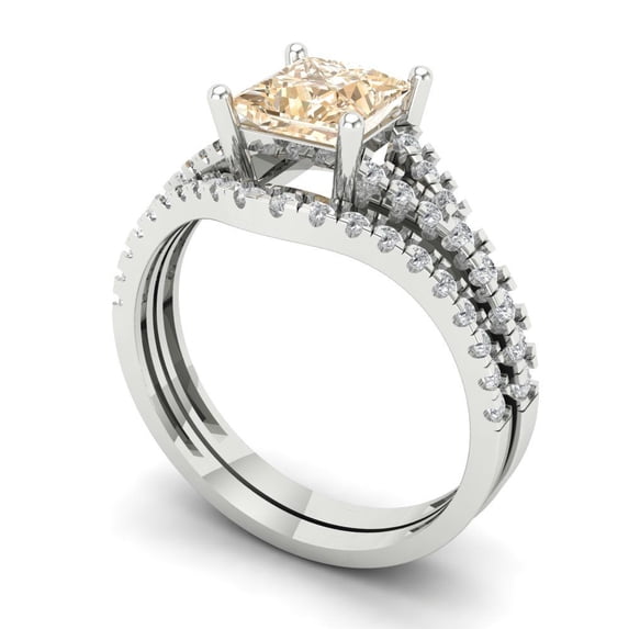 3.36 ct Brilliant Princess Cut Natural Morganite 14k White Gold Solitaire with Accents Engagement Bridal Wedding Ring Band Set size 8.5