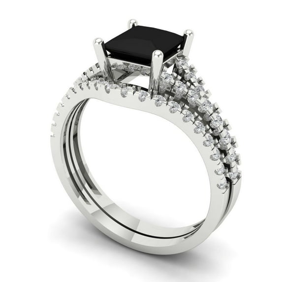 3.36 ct Brilliant Princess Cut Natural Onyx 18K White Gold Solitaire with Accents Engagement Bridal Wedding Ring Band Set size 11