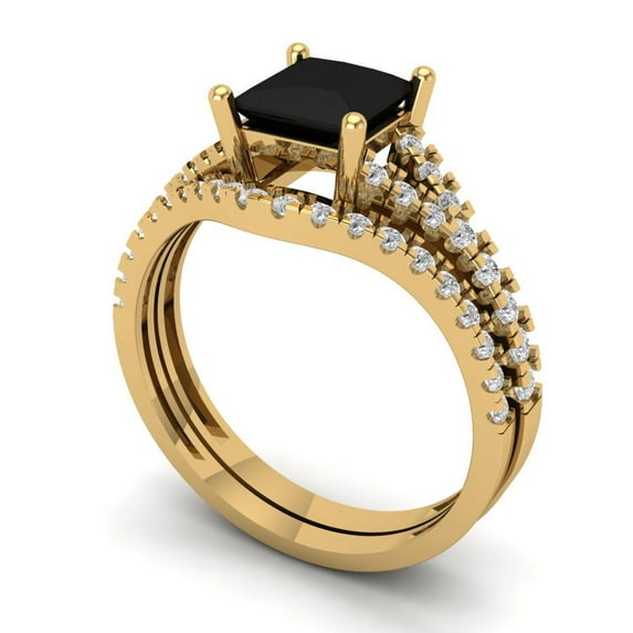 3.36 ct Brilliant Princess Cut Natural Onyx 18K Yellow Gold Solitaire with Accents Engagement Bridal Wedding Ring Band Set size 4