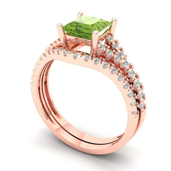 3.36 ct Brilliant Princess Cut Natural Peridot 14k Rose Gold Solitaire with Accents Engagement Bridal Wedding Ring Band Set size 5.75
