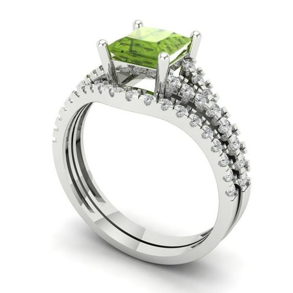 3.36 ct Brilliant Princess Cut Natural Peridot 18K White Gold Solitaire with Accents Engagement Bridal Wedding Ring Band Set size 3.75