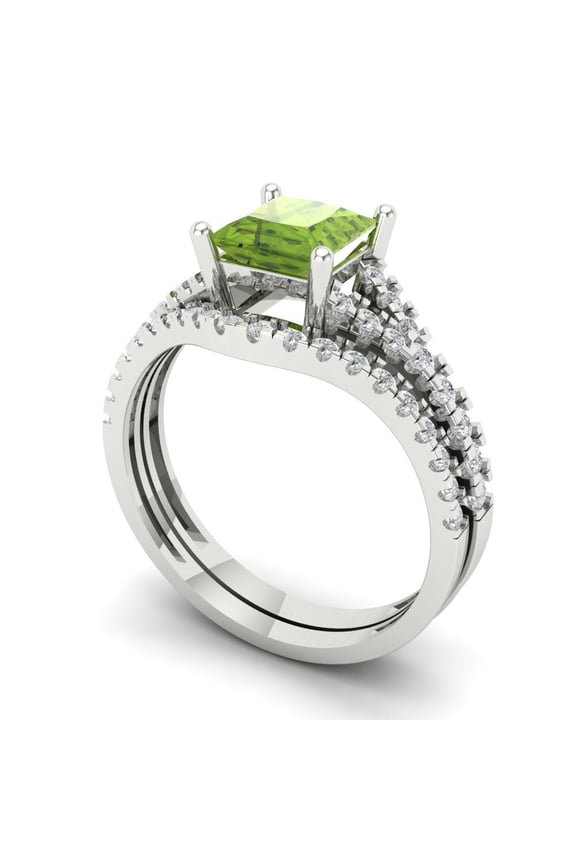 3.36 ct Brilliant Princess Cut Natural Peridot 18K White Gold Solitaire with Accents Engagement Bridal Wedding Ring Band Set size 5