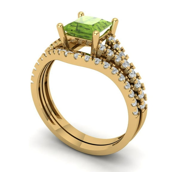 3.36 ct Brilliant Princess Cut Natural Peridot 18K Yellow Gold Solitaire with Accents Engagement Bridal Wedding Ring Band Set size 3.5