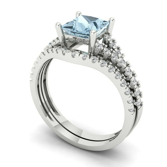 3.36 ct Brilliant Princess Cut Natural Sky Blue Topaz 14k White Gold Solitaire with Accents Engagement Bridal Wedding Ring Band Set size 4.75