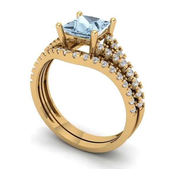 3.36 ct Brilliant Princess Cut Natural Swiss Blue Topaz 18K Yellow Gold Solitaire with Accents Engagement Bridal Wedding Ring Band Set size 5.5
