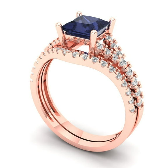 3.36 ct Brilliant Princess Cut Blue Sapphire 14k Rose Gold Solitaire with Accents Engagement Bridal Wedding Ring Band Set size 6.75