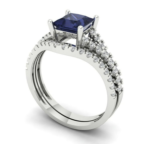 3.36 ct Brilliant Princess Cut Blue Sapphire 14k White Gold Solitaire with Accents Engagement Bridal Wedding Ring Band Set size 5.25