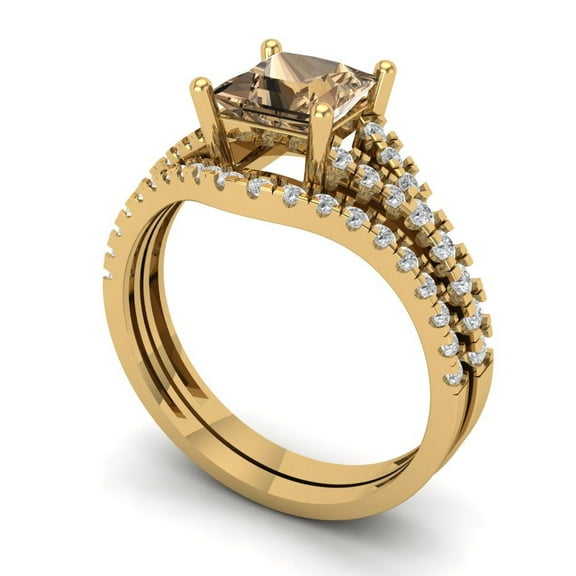3.36 ct Brilliant Princess Cut Champagne 14k Yellow Gold Solitaire with Accents Engagement Bridal Wedding Ring Band Set size 9.25