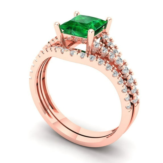 3.36 ct Brilliant Princess Cut Emerald 18K Rose Gold Solitaire with Accents Engagement Bridal Wedding Ring Band Set size 8.25