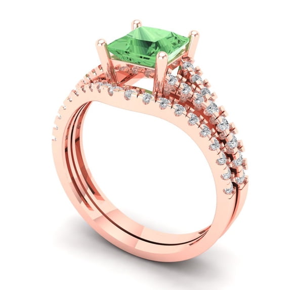 3.36 ct Brilliant Princess Cut Green Zircon 14k Rose Gold Solitaire with Accents Engagement Bridal Wedding Ring Band Set size 5