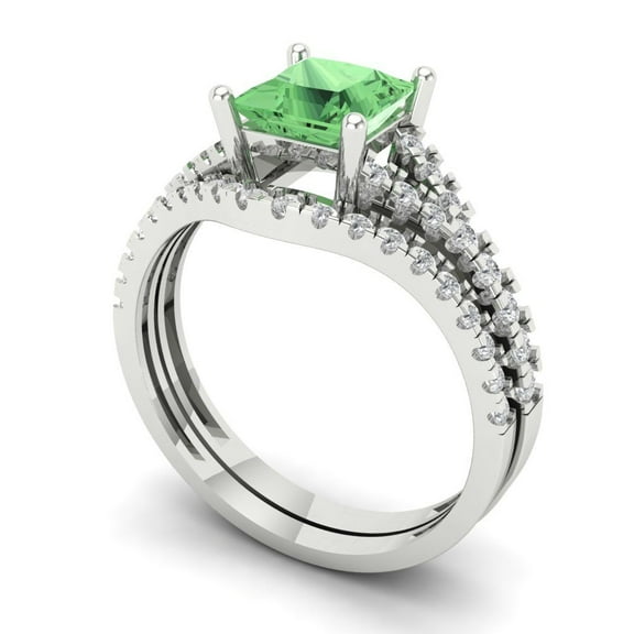 3.36 ct Brilliant Princess Cut Green Zircon 14k White Gold Solitaire with Accents Engagement Bridal Wedding Ring Band Set size 6.25