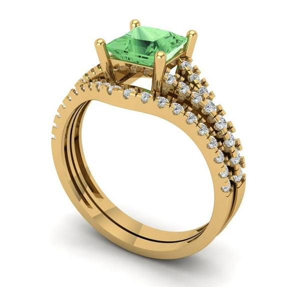 3.36 ct Brilliant Princess Cut Green Zircon 14k Yellow Gold Solitaire with Accents Engagement Bridal Wedding Ring Band Set size 8.25